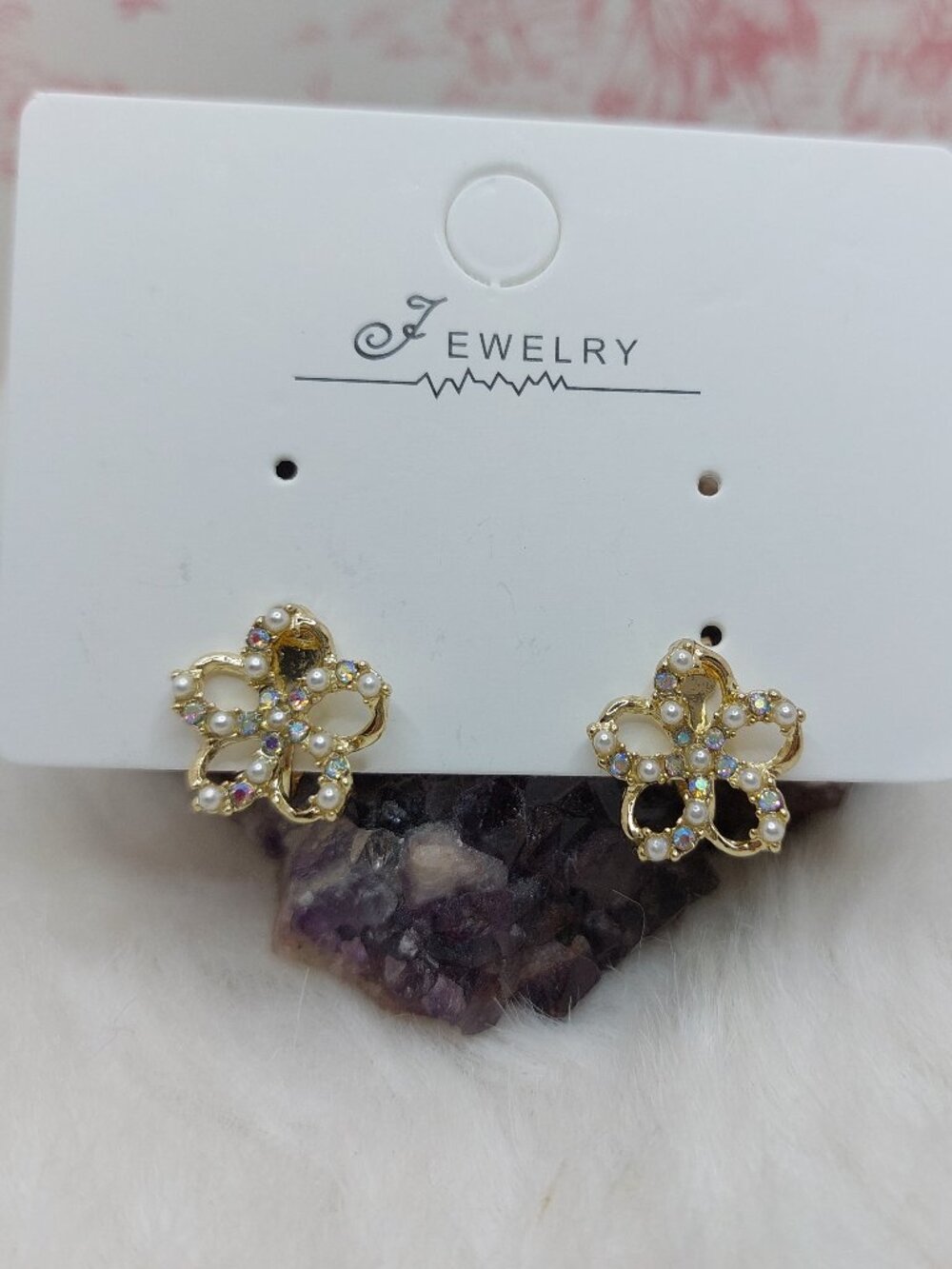 Gold-tone Floral Rhinestone Screw Back Clip on Earring